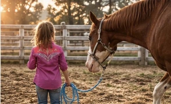 Young girl walking beside a horse, the family moment that inspired Buckhorn Ride Co.